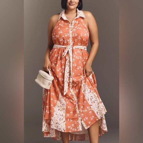 NWT Size LP-Maeve 100% Cotton Floral Halter Godet Midi Shirt Dress (NWT US $188) - Picture 8 of 16